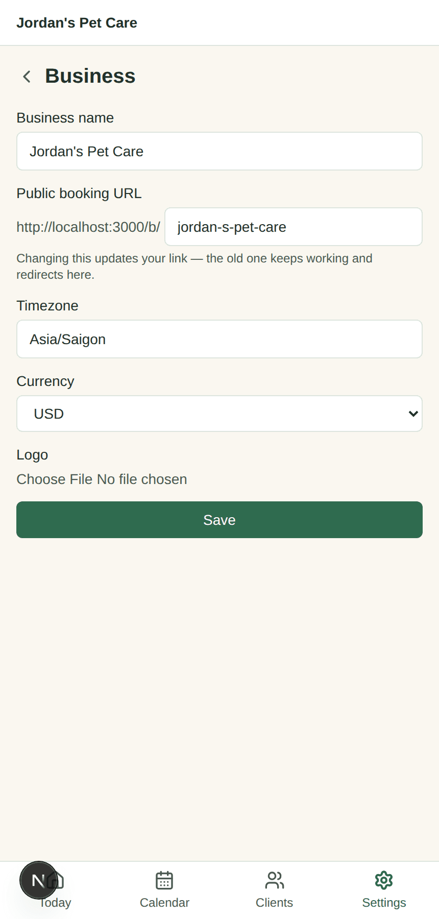 Settings > Business page showing the editable public booking URL field