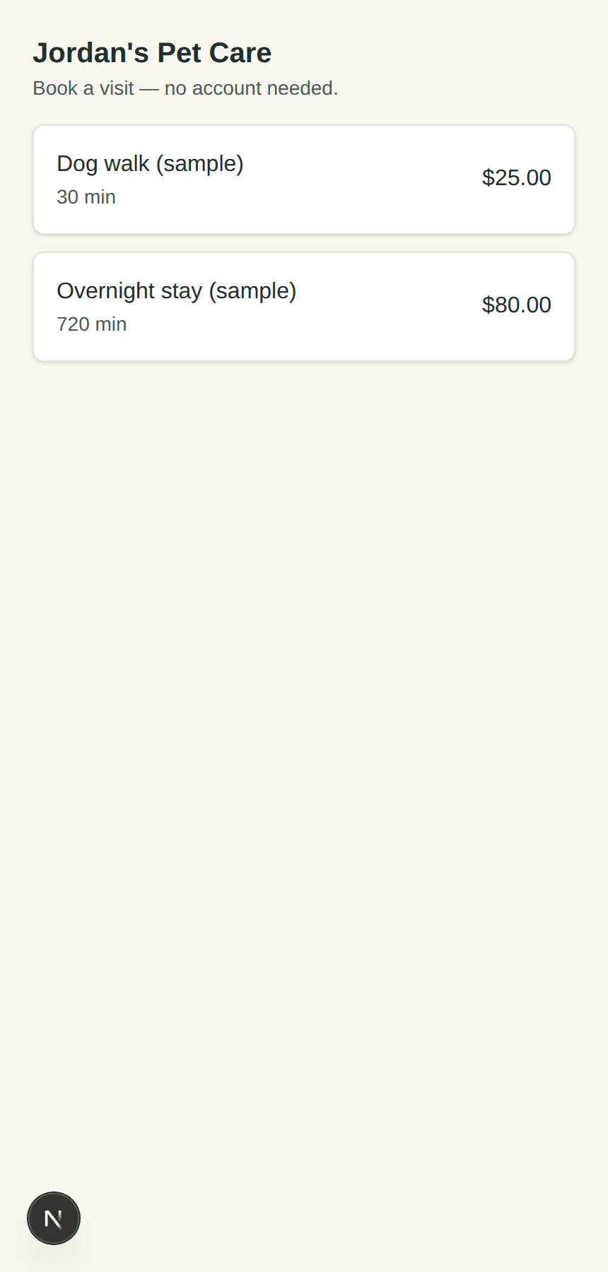 A sitter's public booking page as a client sees it, listing services and prices