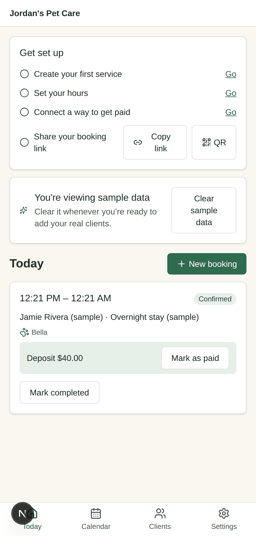 The Today dashboard showing the setup checklist and a confirmed booking with a deposit